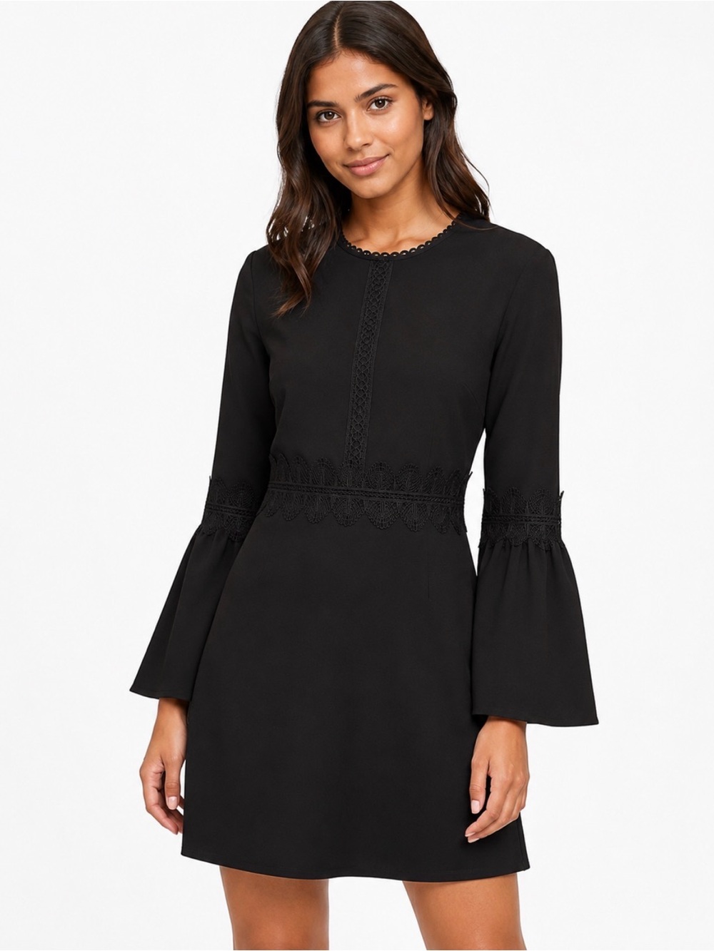 Banana Republic Black Lace Bell Sleeve Fit & Flare Dress - Embroidered Unique